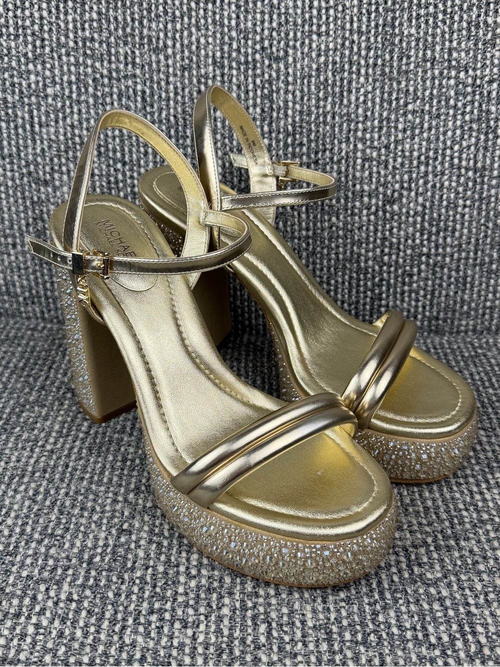 Michael Kors Laci Sandals Womens 8M Pale Gold Crystal Platform Heels Leather